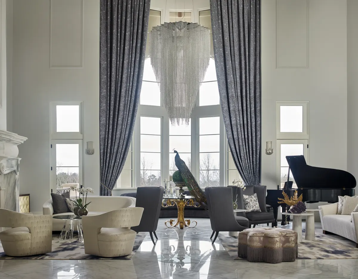 Grand living room with chandelier